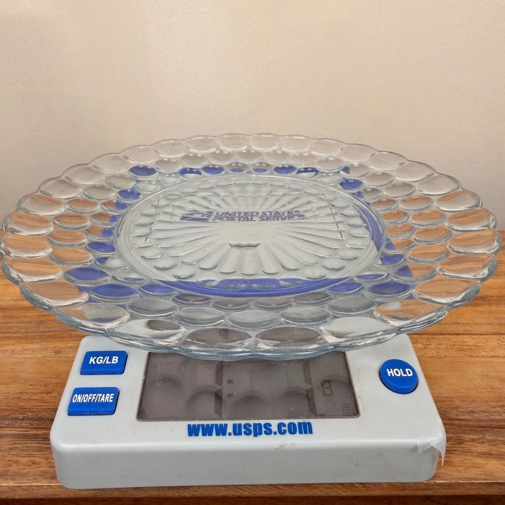 Vintage Clear Bubble Glass Dinner Plate Scalloped Edge Sunburst Center 8